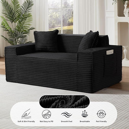 Boneless Sectional Sofa Couch with Cup Holders & Side Pockets, Modern Corduroy Fabric Deep Seat Loveseat Cloud Couch for Living Room Office, No Assembly (Black)