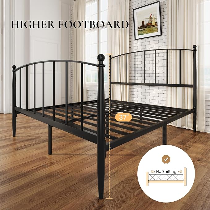 SHA CERLIN Queen Bed Frame, Metal Platform Bed with Victorian Style Iron-Art Headboard and Footboard, Easy Assembly, No Box Spring Needed, Black
