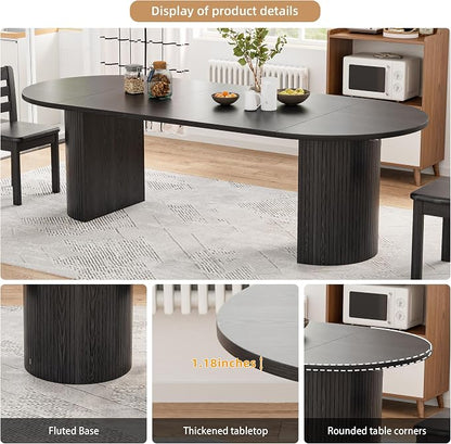 43-95 Inch Oval Extendable Dining Table for 4-10, Fluted Space Saving Long Round Kitchen Table with 3 Leaf, 2 Storage, Mid Century Modern Dining Room Dinner Table for Living Room, Black