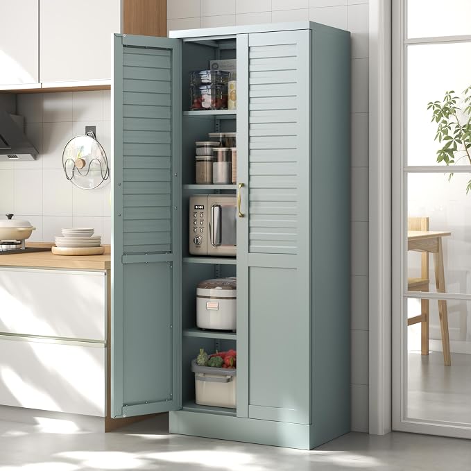 LEYNOT 71 inch Tall Kitchen Pantry Cabinet,Metal Storage Cabinet with 4 Adjustable Shelves,Freestanding Cupboard for Canned Food,Snacks,Small Appliances(Green)