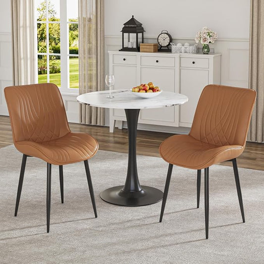 VECELO Dining Chairs Set of 2, Modern Upholstered Faux Leather Cushion Seat and Metal Legs for Kitchen, Living Room, Vintage Cognac Brown