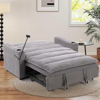 HAOMARKETS 3-in-1 Convertible Loveseat Sleeper Sofa Bed, 2-Seat Pull Out Couch with Cup Holders, Phone Holder and USB Ports, Corduroy 3-Level Adjustable Backrest Couches for Living Room, Grey