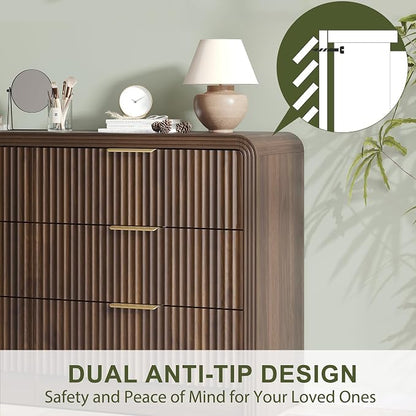 Decofy Fluted Drawers Dresser for Bedroom, Wood Dressers with Gold Handles, Modern Dressers with Wave Texture, Large Storage Chest of Drawers, Bedroom Dresser Organizer 55'' & 6 Drawers (Walnut)