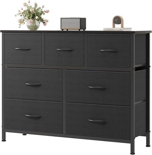 OLIXIS Dresser for Bedroom with 7 Fabric Drawers Storage Organizer Closet Chest Clothes Cabinet Vertical Dresser for Living Room Entryway Hallway,Black