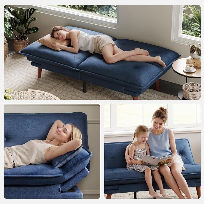 LINSY HOME Futon Sofa Bed, 70" Chenille Futon Couch with Adjustable Backrest Armrest, 3 in 1 Convertible Comfy Loveseat Sleeper Sofa Bed for Small Spaces Dorm Room Apartment Home Office, Dark Blue