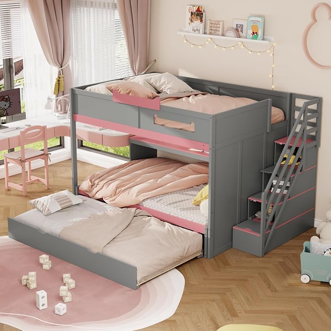 Wood Bunk Bed Full Over Full Size with Storage Staircase and Shelves, Bunk Beds Frame with Trundle and LED for Kids Teens, Space-Saving (Gray-12.15)