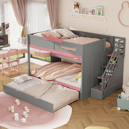 Wood Bunk Bed Full Over Full Size with Storage Staircase and Shelves, Bunk Beds Frame with Trundle and LED for Kids Teens, Space-Saving (Gray-12.15)