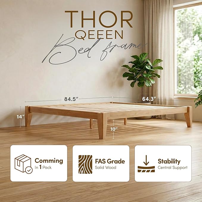 Thor Premium Solid Wood Bed Frame Queen, Japanese Joinery Bed Frame with Wood Slat Support, Platform Bed, No Box Spring Needed, Easy Assembly, Minimalist & Modern Style (Light Oak)