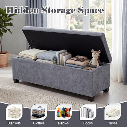 Asense Storage Ottoman Bench,42 inch Upholstered End of Bed Bench,Safety Hinge Storage Bench for Living Room,Bedroom,Entryway (42" Cotton-Linen Grey)