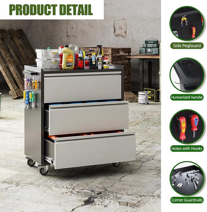 Aobabo Metal Rolling Tool Storage Cabinet with Drawers, Side Pegboards, Left Handle, Lockable Casters, Garage Workshop Utility Cart, 18.11 D x 30.3 W x 35.4 H Inches,Assembly Required