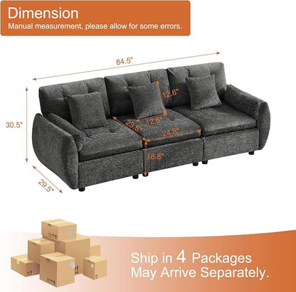 84" Modular Cloud Sofa, Deep Seat Tufted Chenille 3-Seater Sectional Couch with Curved Arms, Comfy Sofas for Living Room, Dark Grey