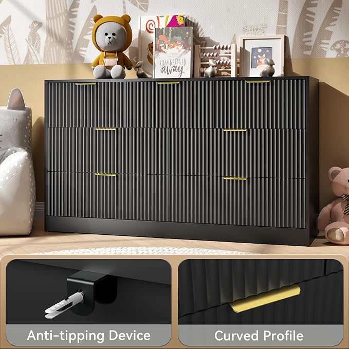 7 Drawer Dresser and Nightstand Sets, 3 Pcs Bedroom Set for Bedroom, Fluted Night Stand Set of 2 & 55" Wide Dresser w/Gold Handles, Modern Wood Chest of Drawers Storage Cabinet Set, Black