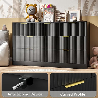 7 Drawer Dresser and Nightstand Sets, 3 Pcs Bedroom Set for Bedroom, Fluted Night Stand Set of 2 & 55" Wide Dresser w/Gold Handles, Modern Wood Chest of Drawers Storage Cabinet Set, Black