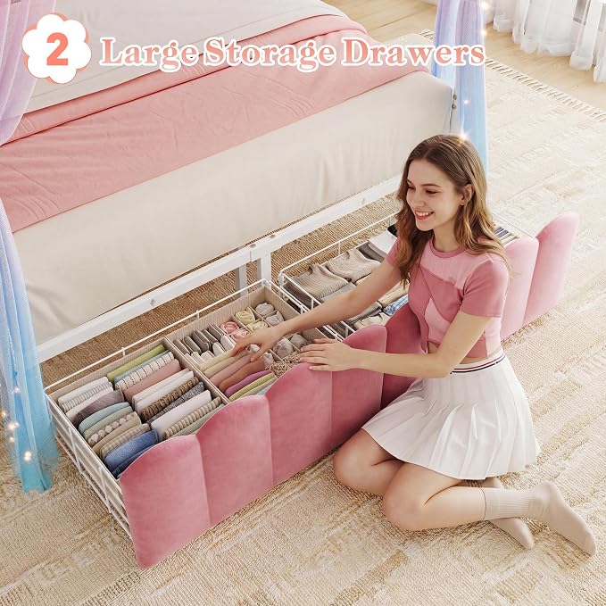 Homkdom Canopy Bed Frame Full with Upholstered Storage Headboard and Charging Station & LED Lights, 2 Oversized Drawers,Heavy-Duty Support, No Box Spring,Quiet Sleep,Easy Assembly, Pink