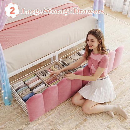 Homkdom Canopy Bed Frame Full with Upholstered Storage Headboard and Charging Station & LED Lights, 2 Oversized Drawers,Heavy-Duty Support, No Box Spring,Quiet Sleep,Easy Assembly, Pink