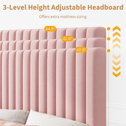 IDEALHOUSE Twin Bed Frame with Adjustable Headboard, Velvet Upholstered Platform Bed Frame Twin Size, Vertical Channel Tufted, Strong Wooden Slats, No Box Spring Needed, Easy Assembly, Pink