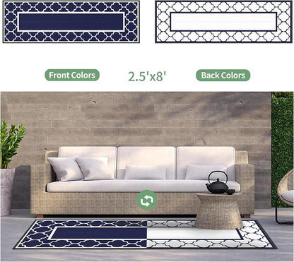 GENIMO 2.5' x 8' Outdoor Rug Waterproof for Patio Decor, Foldable Reversible Plastic Straw Area Rugs Mat for Runner Porch, Outside Carpet for Rv, Deck, Picnic, Beach, Balcony, Camper, Blue & White