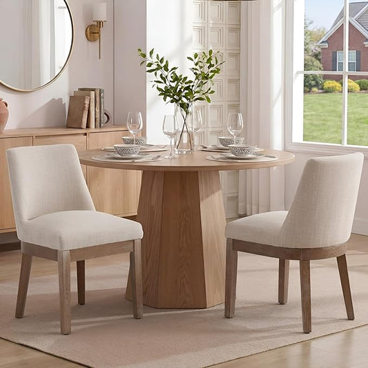 RIVOVA Upholstered Dining Chairs Set of 2, Modern Wooden Dining Room Chair Linen Fabric Kitchen Chairs Farmhouse Dinner Chair with Hardwood Frame, Beige