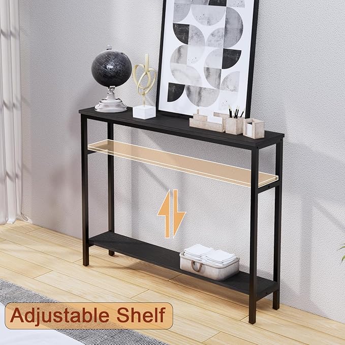 Timberer Narrow Console Table, 39.4” Sofa Table with Adjustable Shelf, 2-Tier Long Skinny Table for Hallway, Entryway, Living Room, Foyer, Black