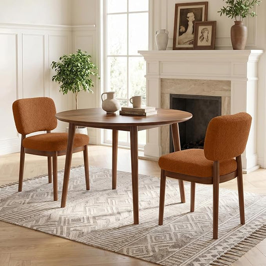 Wooden Dining Chairs Set of 2, Boucle Upholstered Kitchen Chairs with Solid Wood Legs, Mid Century Modern Dining Chairs, Farmhouse Side Chair with Hardwood Frame for Dining Room, Brown