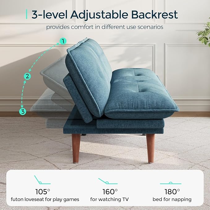 LINSY HOME Futon Sofa Bed, 70" Chenille Futon Couch with Adjustable Backrest Armrest, 3 in 1 Convertible Comfy Loveseat Sleeper Sofa Bed for Small Spaces Dorm Room Apartment Home Office（Blue）