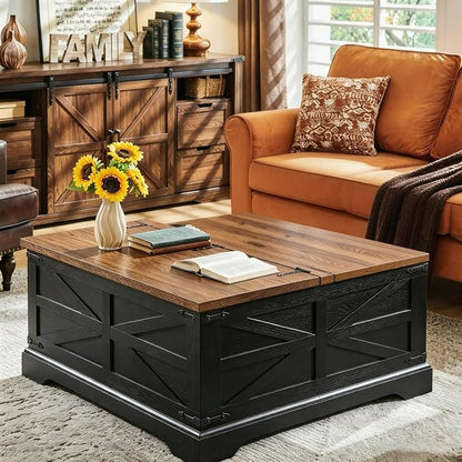 JXQTLINGMU Farmhouse Lift-Top Coffee Table with Large Storage, 36" Square Wood Living Room Table with Hidden Compartment and Raised Dining Surface, Black and Brown