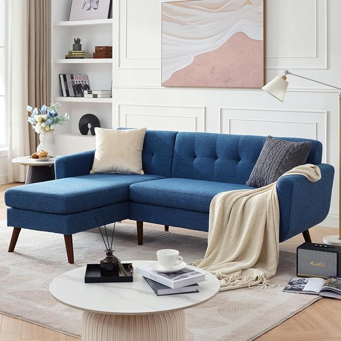Kingfun L Shaped Couch, 80" W Mid-Century Modern Sofa, Sectional Couches, 3 Seater Sofas with Wide Chaise Lounge, Button Tufted Upholstered Sectional Sofa for Living Room, Bedroom, Blue