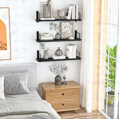 Floating Shelves, 24 Inches Easy to Install Wall Mounted Shelves, Set of 3, Rustic Wood Shelves for Wall Decor, Storage Shelves for Living Room (Black)