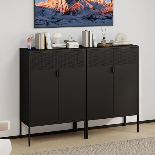 47''H Black Metal Storage Cabinet with 2 Adjustable Shelves, 2 Door Accent Cabinet, 3-Tier Metal Locker with Vent Hole, TV Stand for Entryway, Home Office, Music Studio, Home Office