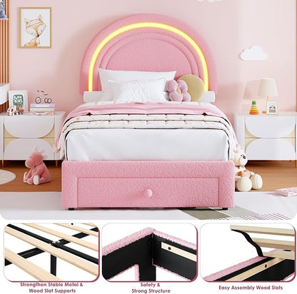 GarveeHome Twin Upholstered LED Bed Frame - with Storage Drawer and Rainbow Headboard, Berber Fleece Princess Platform Bed for Kids, Solid Wood Slats Support, No Box Spring Needed, Easy Assembly, Pink