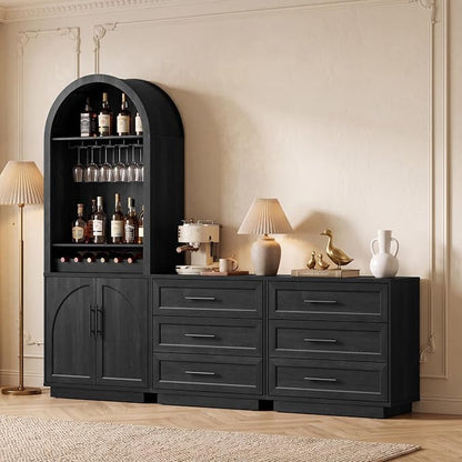 Fatmok Arden Collection 3-Piece Home Furnishing Set, 1 Arched Wine Cabinets with LED Lighting, Charging Station & Wine Rack, Two Three-Drawer Accent Cabinets, Black Grey