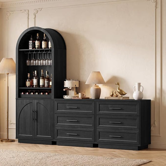 Fatmok Arden Collection 3-Piece Home Furnishing Set, 1 Arched Wine Cabinets with LED Lighting, Charging Station & Wine Rack, Two Three-Drawer Accent Cabinets, Black Grey