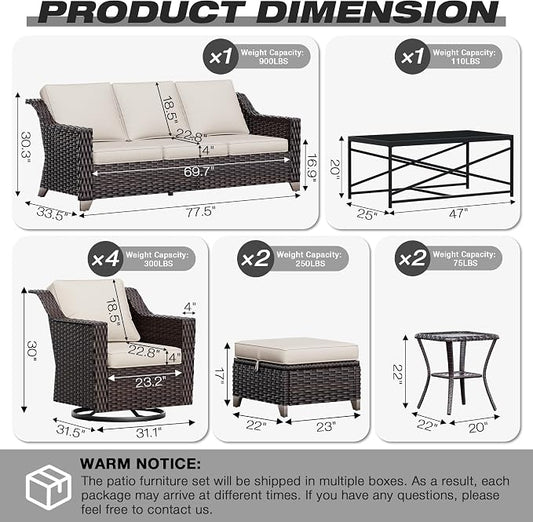 Joyside Wicker Patio Furniture Sets, 10 Pieces Upgraded Large Size Outdoor Furniture with 4 Swivel Rocking Patio Chairs, 3-Seat Sofa, Outdoor Ottoman, Thick Cushions, Wide Armrest, Beige