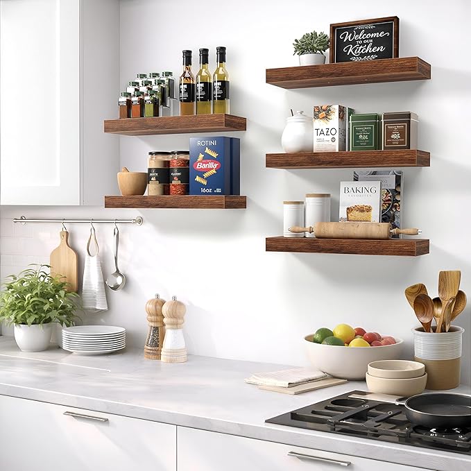 Sorbus Floating Shelves for Wall – 16 Inch Floating Shelf for Kitchen, Bedroom, Living Room, Bathroom, Home & Wall Decor - Mounted Bathroom Shelves with Invisible Brackets (Walnut, 3 Pack)
