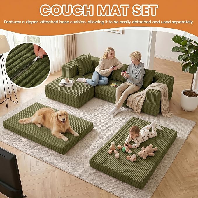 79" Modular Sectional Sofa, Boneless Convertible Sleeper Sofa Bed, Modern Tri-Folding Cloud Couch with L-Shape Chaise, Corduroy Futon for Living Room Small Spaces Apartment, No Assembly,Green