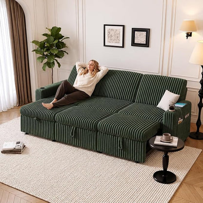 Vipbear 101" Sectional Sleeper Sofa with Pull Out Bed,5-Level Adjustable Backrest,3 Seat Modular Couch with Storage,Tool Free Assembly,USB & Cup Holders, Corduroy Sofa for Living Room, Green