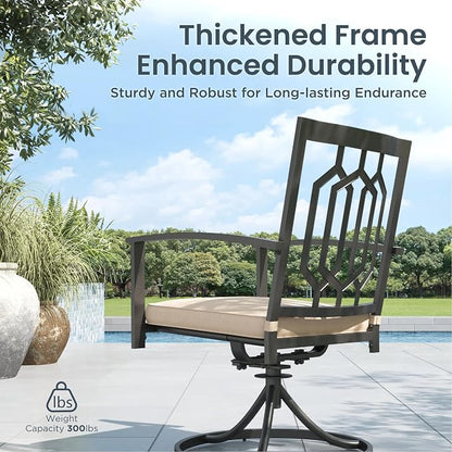 PHI VILLA 7 Pieces Round Outdoor Dining Set for 6, 54" Black Wrought Iron Table with Umbrella Hole & Swivel Metal Steel Chairs, Outside Furniture Set for Patio, Porch, Deck, Backyard