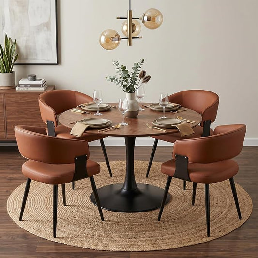 Dining Chairs Set of 4, Modern Upholstered Faux Leather Kitchen Chairs with Curved Back, Easy to Assemble & Clean for Dining Room, Restaurant, Cafe, Brown