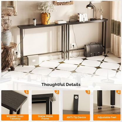 VINGLI 79" Console Table with Charging Station, 5.9" Narrow Sofa Table Set of 2, Entryway Table with Power Outlet & 4.9 Ft Extension Cord & Adjustable Feet, for Living Room, Hallway, Black