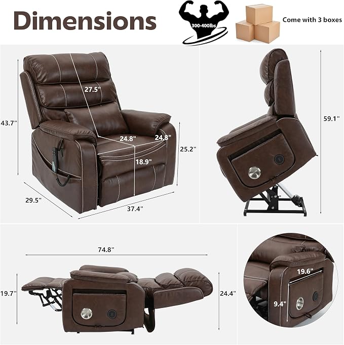 JIKFRIMA Power Lift Recliner Chair for Adults Elderly Senior | Lay flat Lift Recliner with Foldable Tray Table,Massage and Heating,Wireless Charging USB Ports,Faux Leather