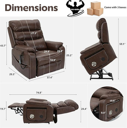 JIKFRIMA Power Lift Recliner Chair for Adults Elderly Senior | Lay flat Lift Recliner with Foldable Tray Table,Massage and Heating,Wireless Charging USB Ports,Faux Leather