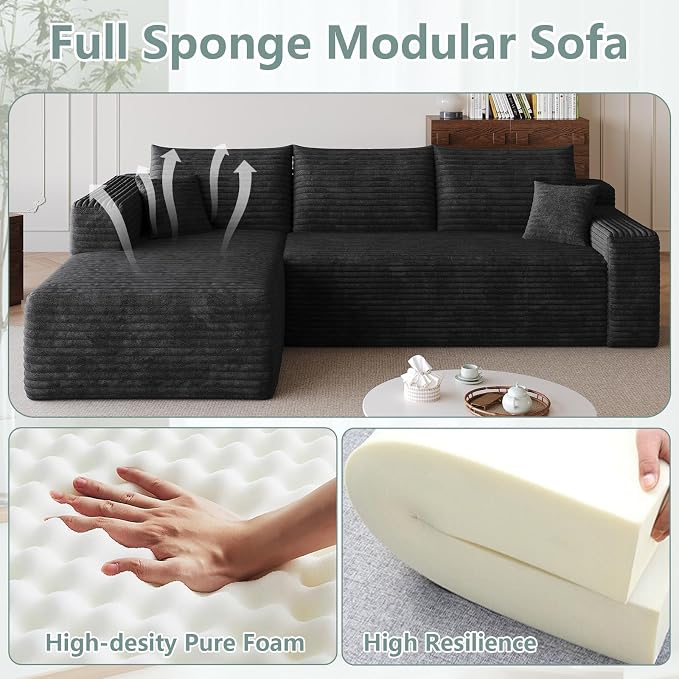 95" Modular Sectional Sofa, Modern Corduroy Cloud Couch with Side Pockets, Boneless Couch Upholstered 3-Seater L-Shaped Sofa for Living Room, No Assembly Required (Black,Left-Facing Chaise)