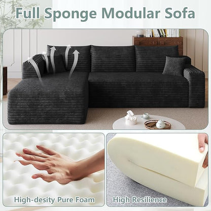 95" Modular Sectional Sofa, Modern Corduroy Cloud Couch with Side Pockets, Boneless Couch Upholstered 3-Seater L-Shaped Sofa for Living Room, No Assembly Required (Black,Left-Facing Chaise)