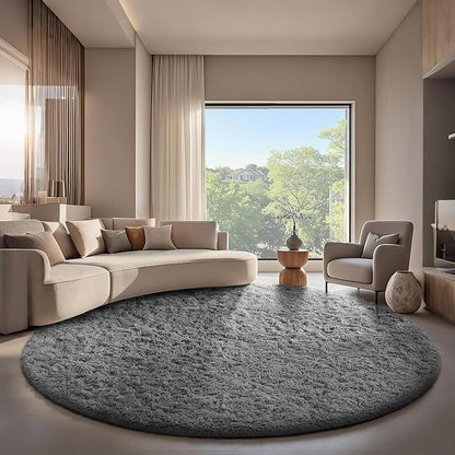 Ophanie Round Rug 7Ft Grey Circle Area Rugs,Large Fluffy Fuzzy Living Room Carpet 7 Foot,Plush Shag Solid Indoor Floor Gray Bedroom Circular Decor for Kids Teen Boys Baby,with Over 99 pcs Pile fibers