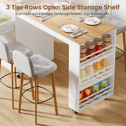 Expandable Kitchen Island with Storage Drawer and Wheels, White | Rubberwood top expands 48.4"-82.6". Spacious drawer, 2 cabinets, 2 shelves, spice rack & towel bar. Lockable casters.