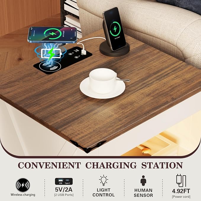 TAGELIER Farmhous Nightstand with Gun Drawer,Bedside Table with Charging Station, Gun Night Stand with LED Light & Human Sensor,Smart End Table for Bedroom, Antique White