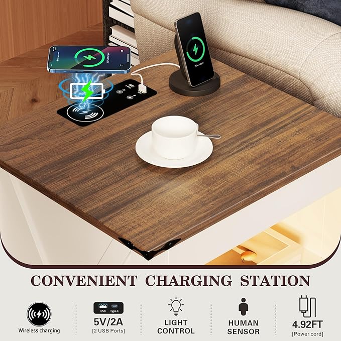 TAGELIER Night Stand Set 2 with Gun Drawer, Farmhouse Bedside Table with Charging Station, Gun Nightstand with LED Light & Human Sensor, Smart End Table for Bedroom, Antique White