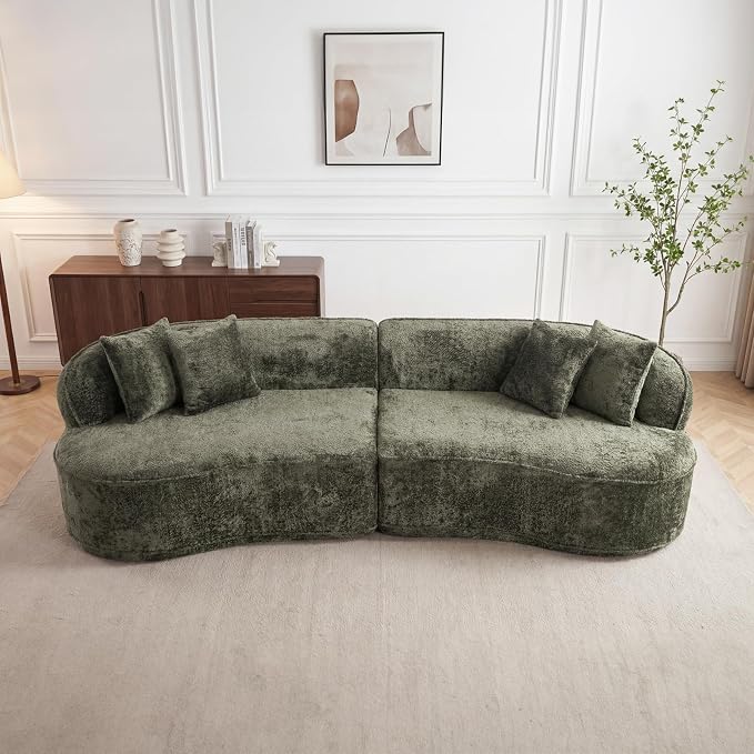 114" Curved Sectional Sofa Couch，4 Seater Oversized Boneless Cloud Couch with 4 Throw Pillows，Modern Round Couch Sofa，Comfy Deep Seat Chenille Memory Foam Sofa for Living Room (Green, 114.2 Inch)