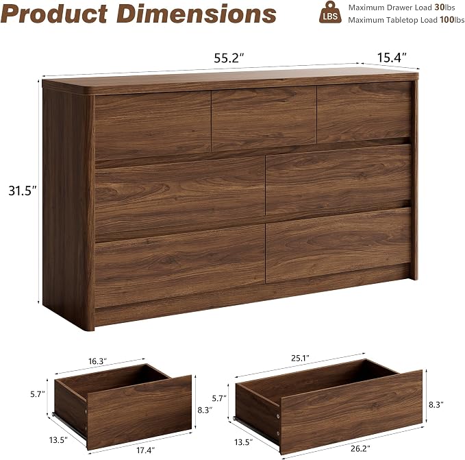 3 Pieces Bedroom Set, 55 Inch Width 7-Drawer Dresser & 2-Drawer Nightstands Set of 2,Nightstand with USB Nightstand with USB&Type C Charging Station&Outlets,Modern Design for Bedroom, Walnut