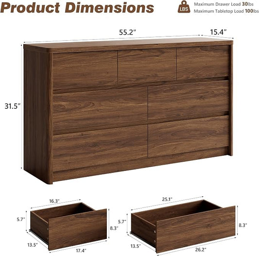 3 Pieces Bedroom Set, 55 Inch Width 7-Drawer Dresser & 2-Drawer Nightstands Set of 2,Nightstand with USB Nightstand with USB&Type C Charging Station&Outlets,Modern Design for Bedroom, Walnut